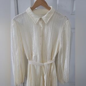 Lace Button-Up Cream Belted Dress